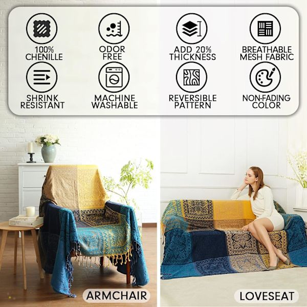 Bohemian Tribal Kast tæpper Reversible Farverige Rød Blå Boho Hippie Chenille Jacquard Stof Kast(Blå, L 102x87in)