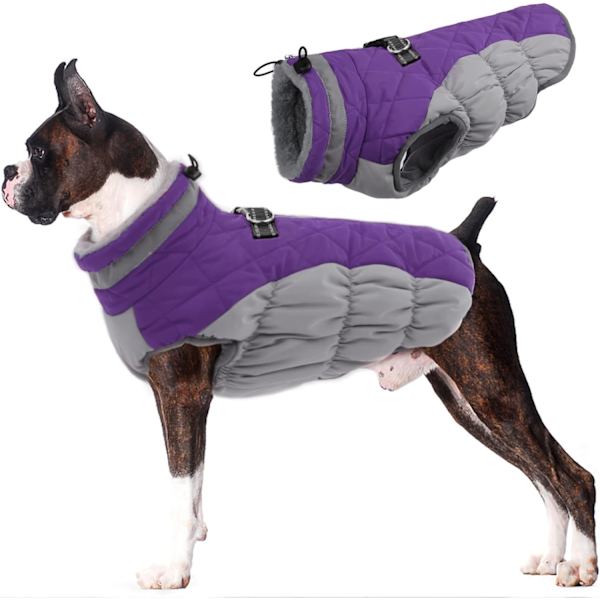 Vattentät Hundjacka för Små, Mellan och Stora Hundar, Reflekterande Kläder för Kallt Väder, Vindtät Fleecefodrad Väst med Sele, M Purple M