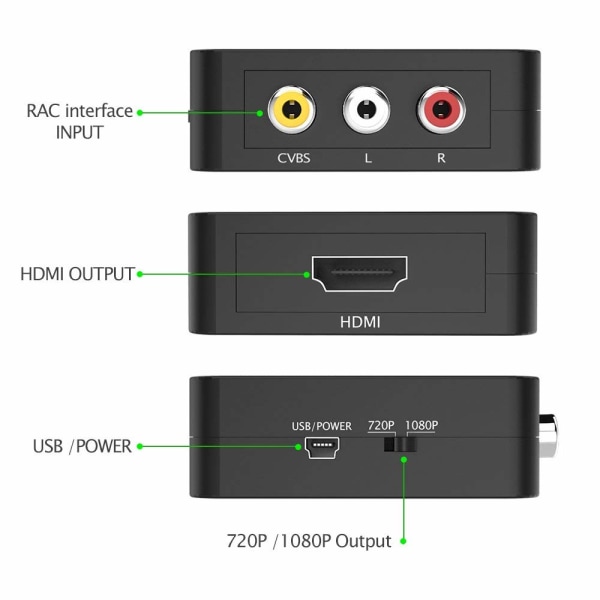 CAIFU AV til HDMI-konverter, med USB-opladerkabel til pc bærbar mini xbox PS2 PS3 tv STB VHS VCR kamera DVD
