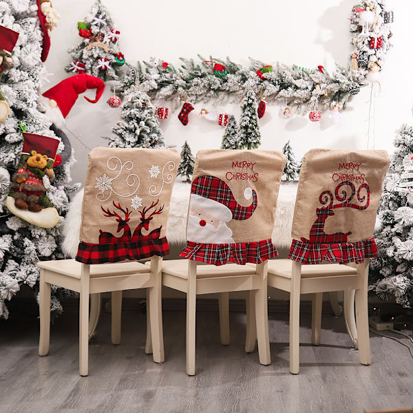 3 st julstolar överdrag linne 20,5x18,9'', tomte och hjort