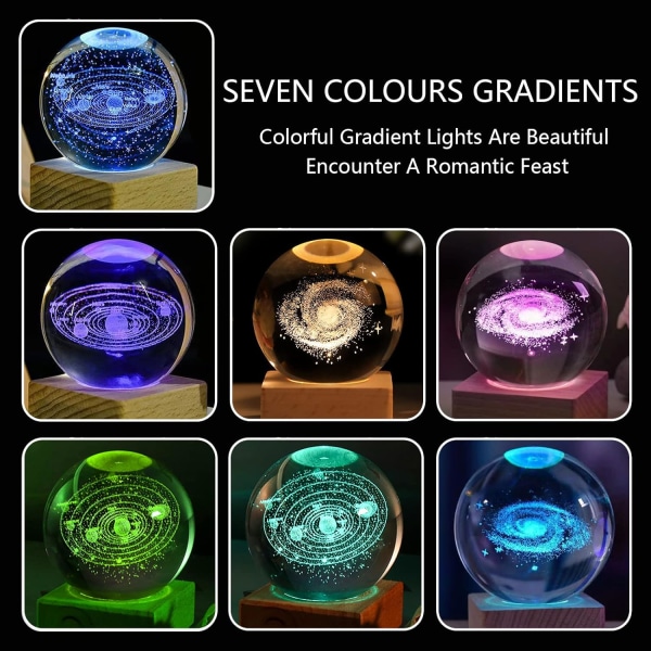 3D Linnunradan Galaxy -kristallipallolamppu, 6 cm:n kristallipallo yövalo puisella pohjalla, 7 väriä vaihtuva valo LED-pohjalla