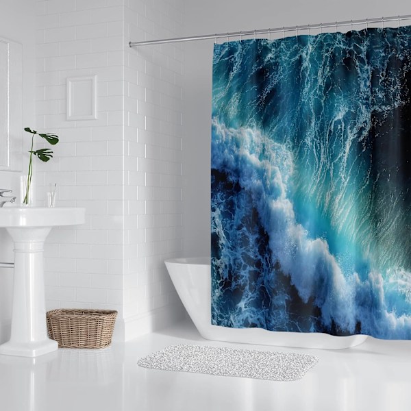 Bruseforhæng Blå Skimmelsikker Vandtæt 3D Havbølger Badeværelsesforhæng Hurtigtørrende Vægtet 180x180cm (71x71 tommer)