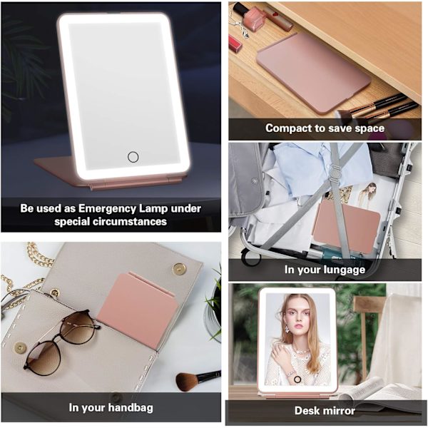 Resemirror för smink, bärbar spegel med belysning, dimbar pekskärm