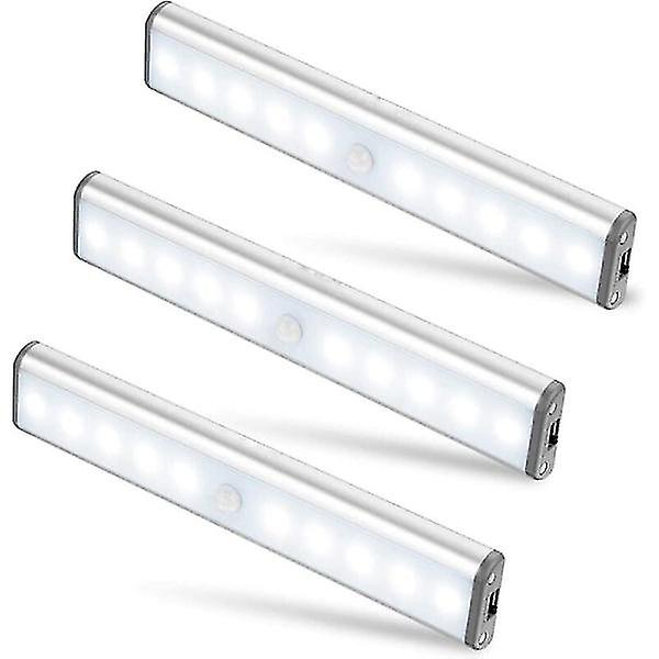 Set med 3 trådlösa 10 LED-lampor, USB-laddningsbara, bärbara vita