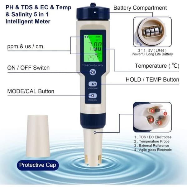Elektronisk pH-tester med baggrundsbelyst LCD-display, pH/TDS/EC/temperatur/saltholdighedsmåling til vandkvalitet