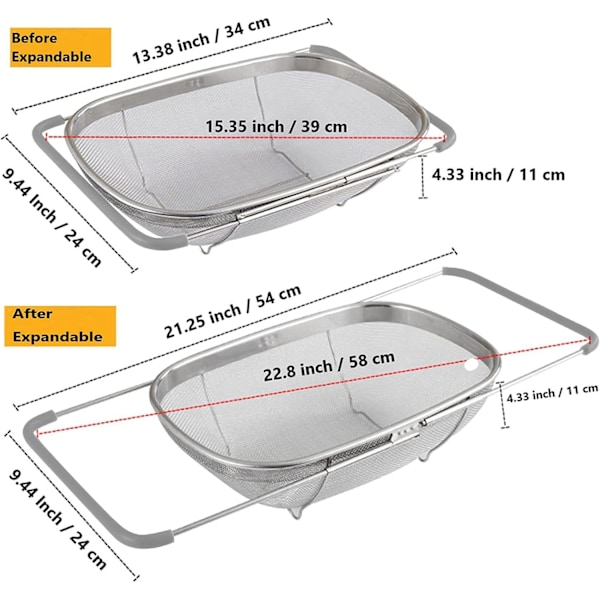 Över diskbänksil, rostfritt stål finmaskigt expanderbart ovalt silnät grå