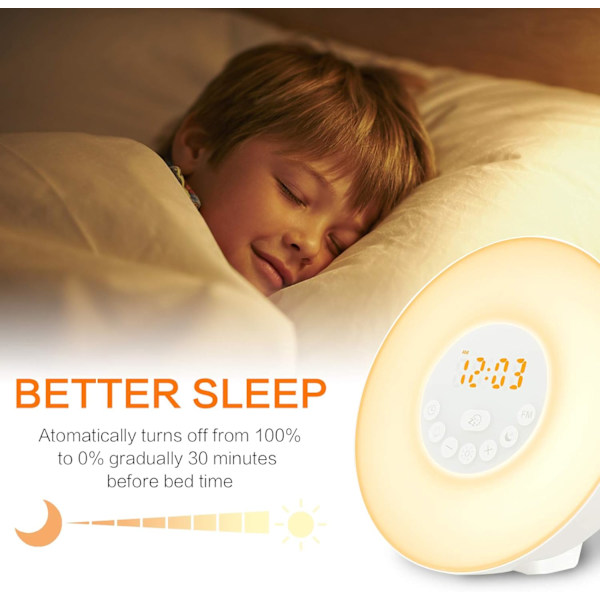 Sunrise Alarmur med Lys Opgraderet Version Lysalarm med Solopgang/Solnedgang Simulation Dobbelt Alarm og Snooze Funktion, 6 Farver Atmosfærisk Lampe