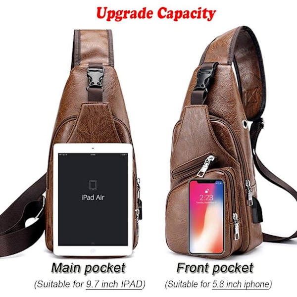Mænds Skuldertaske Lille Læder Ubalance Bryst Skulder Crossbody Taske med USB Opladningsport