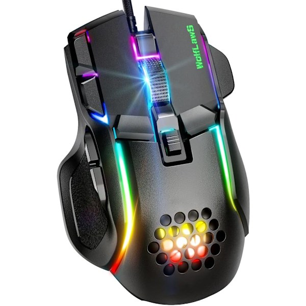 Trådbunden Spelmus, 12800 Justerbar DPI Högprecision USB Spelmus för PC med 12 RGB Bakgrundsbelysningslägen, 10 Programmerbara Knappar