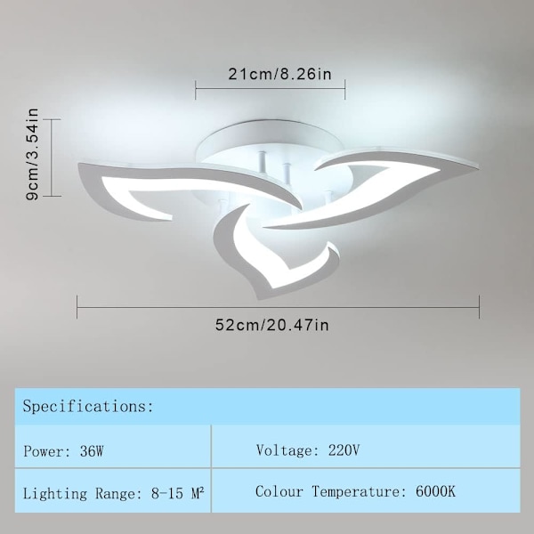 Modern akryl bladformad 36W LED taklampa med 3 blombladsliknande lampor, 6500K kallvitt ljus, lämplig för sovrum, vardagsrum.