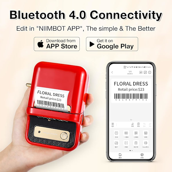 B21 Etiketmaskine, Bluetooth Stregkodeetiketprinter Udskrivningsstørrelse 20-50 mm, Kompatibel med iOS & Android med 1 rulle startpapir i hvid Red