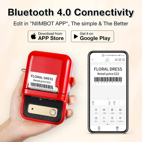 B21 Etiketprinter, Bluetooth-mærkningsprintet med stregkoder, udskrivningsstørrelse 20-50 mm, med 1 rulle startpapir