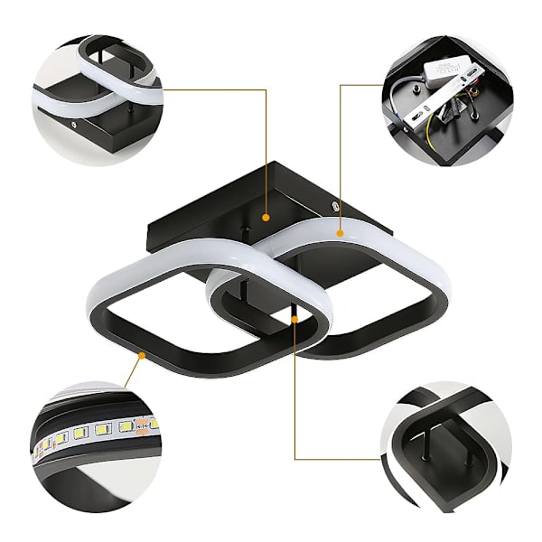 LED-taklampe, 20W 6000K kaldt hvitt lys Dia 24CM, svart