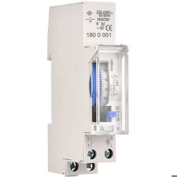 24-timers mekanisk timer, 15-minutters minimum timer, skinnemontering, indbygget batteri