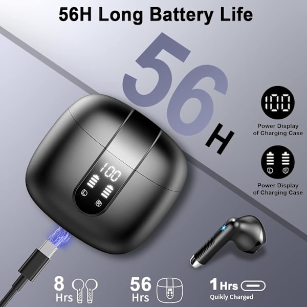 Trådlösa Hörlurar, Bluetooth 5.3 Hörlurar NYA Trådlösa Hörlurar med 4 ENC-mikrofoner, 56H Bluetooth-hörlurar i örat Brusreducerande Djup Bas