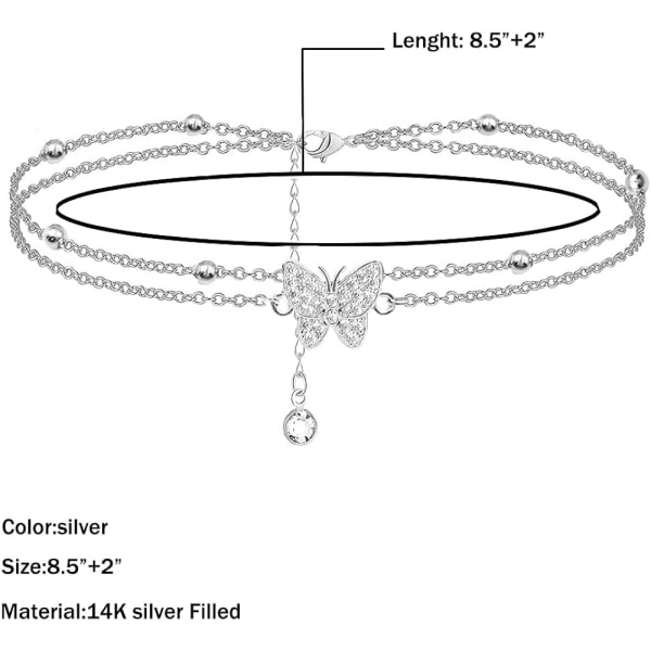 14K Fjärils Silver fotlänkar för kvinnor - Justerbara damfotlänkar - Smycken Fotlänk Gåvor för kvinnor Tonårsflickor (Inkludera presentask)