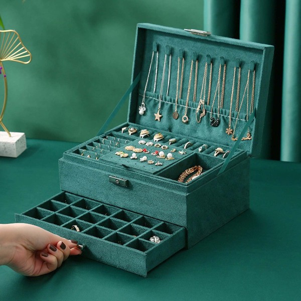 Smyckeskrin, smyckeskrin i sammet med 2 nivåer, smyckeskrin smyckeskrin för kvinnor, smyckeskrin för ringar, örhängen, halsband, med lås och nyckel