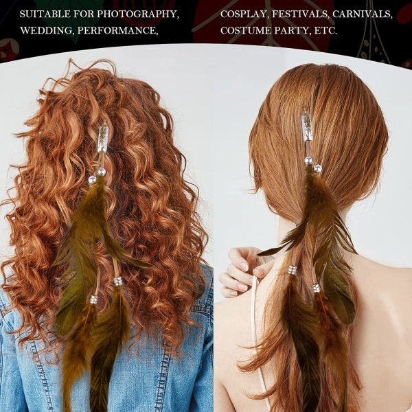 Hårspenner med fjær for kvinner, håndlaget Boho Hippie-hår, sett med 6 stk