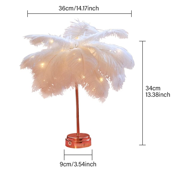 Fjäderbordslampa, LED-bordslampa med konstgjord fjäder, Laddningsbar