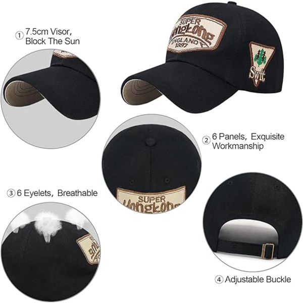 Baseball-lippis Trucker Hat Puuvilla Kirjonta Snapback Rento Anti UV Auringonhattu Unisex, musta