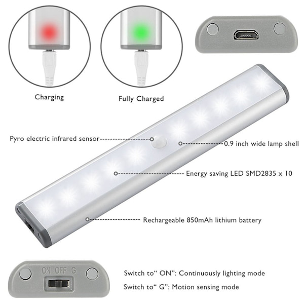 Kannettava pieni valo langaton LED-kaapin alle valot 10-LED-liiketunnistin aktivoitu, ladattava magneettinauhavalot kaappiin, kaappiin