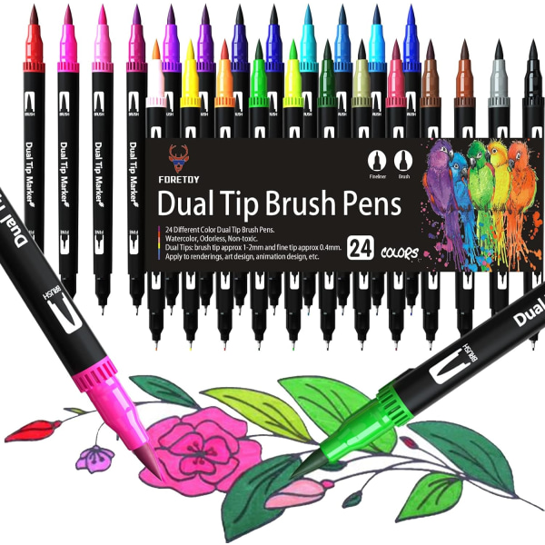 24 Värillinen Huopa Kynä Setti Kaksois Harja Kynät Taide Merkkarit Lapsille Aikuisten Värittäminen, Fineliner ja Harja Kärjet 24 colors