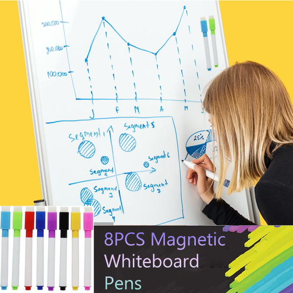Whiteboard-pennor - 8 färger magnetiska whiteboard-pennor och radergummi Set-Fin spets Torrtorka Whiteboard-markörpennor för släta ytor