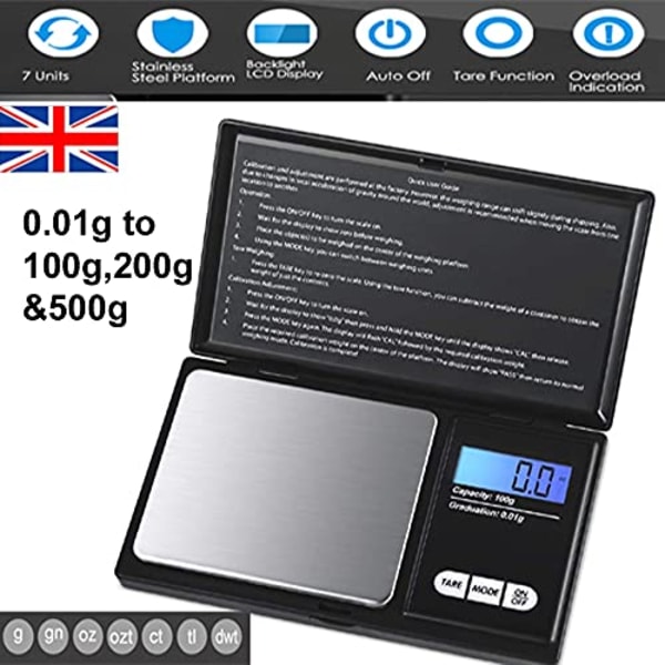 Digital fickvåg set med 0,01 g - 500 g kalibreringsvikt