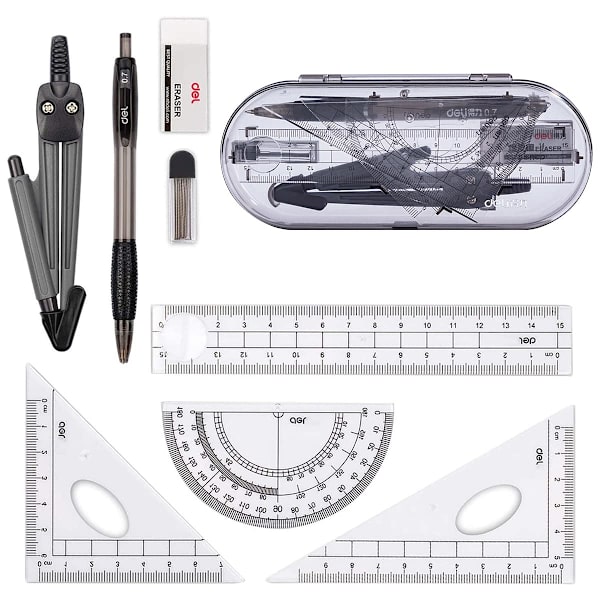 Geometriska kompassset, pedagogiska material, matematiskt gradskiva set, linjal set, penna, suddgummi, vässare för skolan (8-delars set, svart)