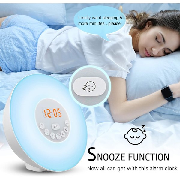 Sunrise Alarmur med Lys Opgraderet Version Lysalarm med Solopgang/Solnedgang Simulation Dobbelt Alarm og Snooze Funktion, 6 Farver Atmosfærisk Lampe