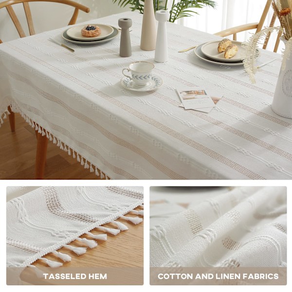 Fyrkantig Fläckresistent Duk Linne Bomull Tofs Broderi Duk för Soffbord Kontorsdekoration (Vit, 140 x 180 cm)