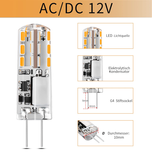 G4 LED-lamput 12V Lämmin valkoinen 3000K 120LM, 2W Ei himmennettävä（5 kpl）