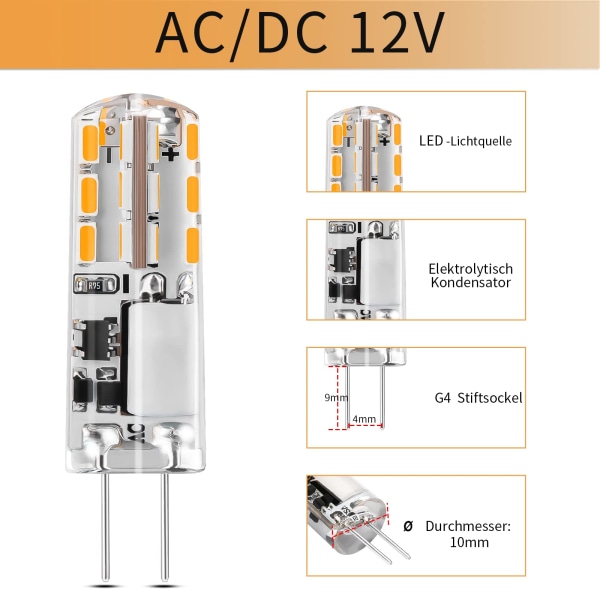 G4 LED-polttimot 12V lämmin valkoinen 3000K 120LM,2W ei himmennettävä (5 kpl)