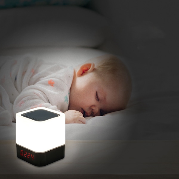 Sengebordlampe med vekkerklokke, Bluetooth-høyttaler nattlys, dimbar RGB-fargeendrende LED trådløs høyttaler stemningslys