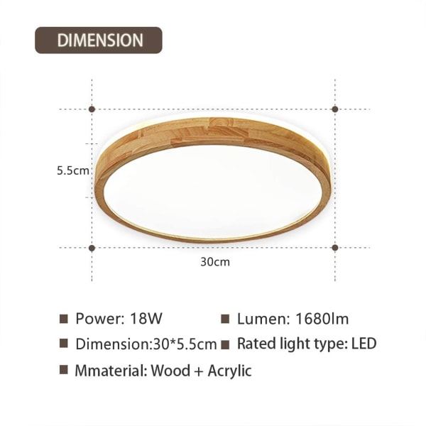 Trä LED taklampa | Topp 360° Glow Wood taklampa | Varmvit 3000K 18W | Runda trätaklampor Ø30 cm | Lounge, vardagsrum, kök