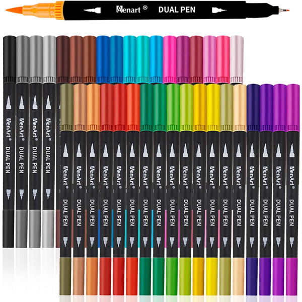 Penselpenner med dobbel spiss - 36 farger kunstmarkører for barn - Pennepenn og penselpenn med fin spiss.