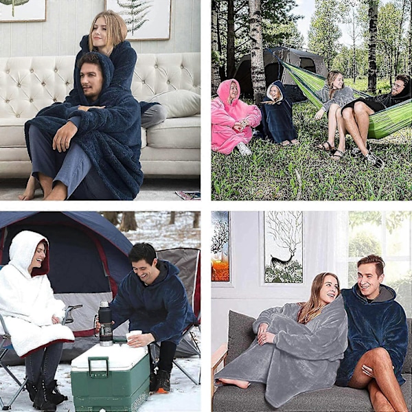 Vinterhettegenser-teppe, Oversized Fleece-teppe for kvinner, med ermer og stor lomme, varm tykk hettegenser-kåpe for par, marineblå navy blue
