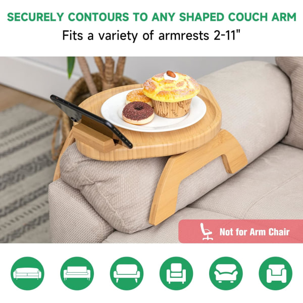 Bambussofaarmbakkebord med roterende mobilholder, stabil sofaarmlæn, clip-on sofabakkebord til brede sofaer