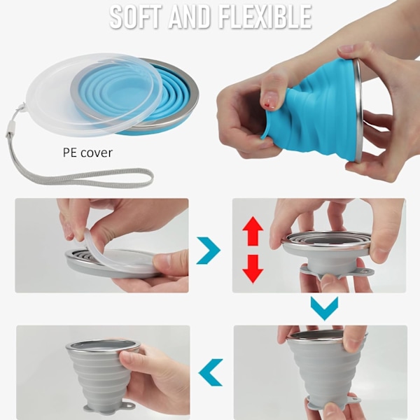 Vikbar silikonmugg 2-pack, BPA-fri, med plastförslutningslock, återanvändbar, lämplig för picknickar, camping, utomhusvandring.