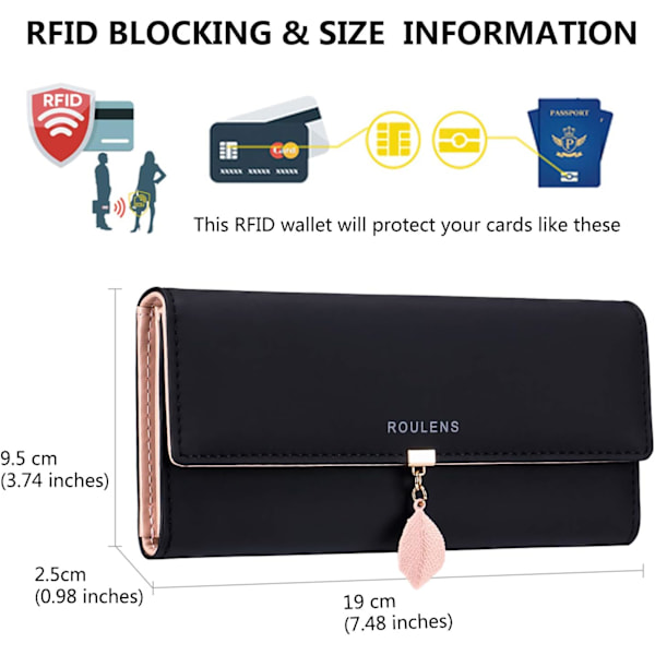 Damplånbok, RFID-blockerande PU-läderplånbok för kvinnor, blixtlåsfack för mynt med bladhänge, flera kortfack och rymligt fack
