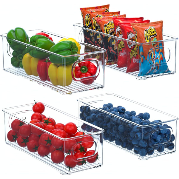 Køleskabsorganiseringssæt med 4, stabelbar opbevaringsboks, små køleskabe med håndtag til køkken, fryser, pantry