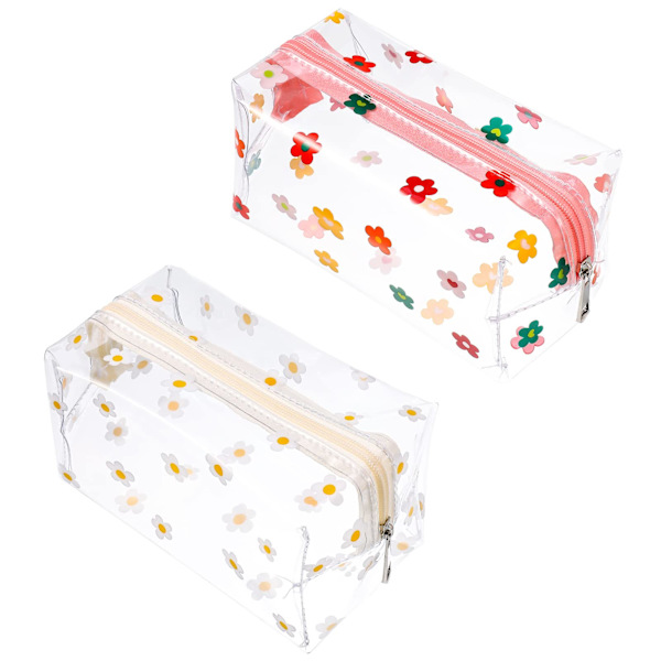 2 stk. gennemsigtig blyantæske stor pennepose brevpapir pung kosmetisk make up taske, gennemsigtig Hyuna Daisy Floret mønster taske, PVC gennemsigtig kosmetisk pung