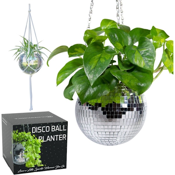 Diskokule Planter, Spegelbeklädd Disko Planter med Kedja, Akrylstativ och Insatsplanter, Hängande Planter, 15cm (6\") Silver