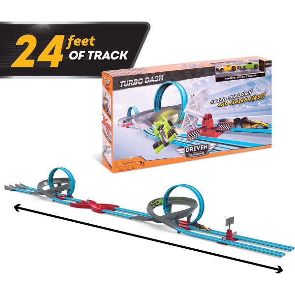 Spela Set-Large Turbo Dash – 28st Drag-lekset med loopar och 2 tillbakadragna bilar – Racerbanor och leksaker