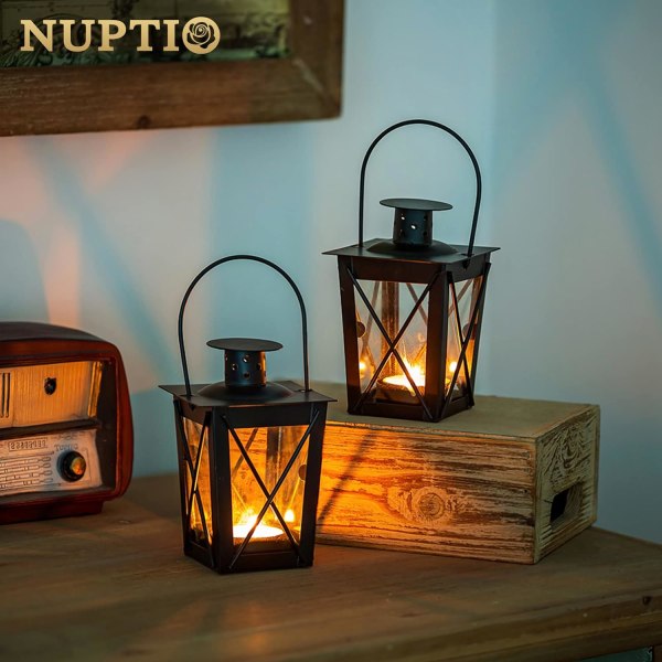 4 stk lanterner til stearinlys, vintage sort metal mini dekorative stearinlys lanterner fyrfadsstage og led fyrfadsstage dekoration
