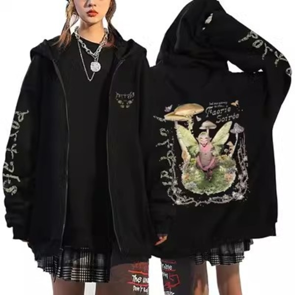 Tecknade Sweatshirts med Dragkedja, Hip Hop Streetwear Jackor, Y2K Kläder Svart, S