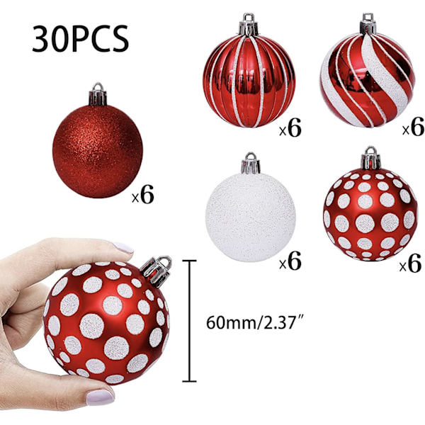 Joulukuulasetti 30 kpl 6CM Joulukuusikoristeet Joulukuuseen Punainen & Valkoinen & Vihreä Kuusikoristeet Kuusikoristeet Pallot Joulu