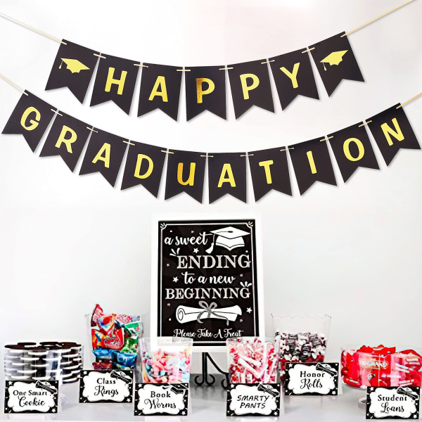 Black and Gold Banner, Happy Graduation Party Supplies 2023