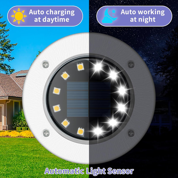 Solcelle bakkelampe 12 LED 4-pakning utendørs hvite solcelle stier, vanntett for hage plen terrasse gårdsplass innkjørsel