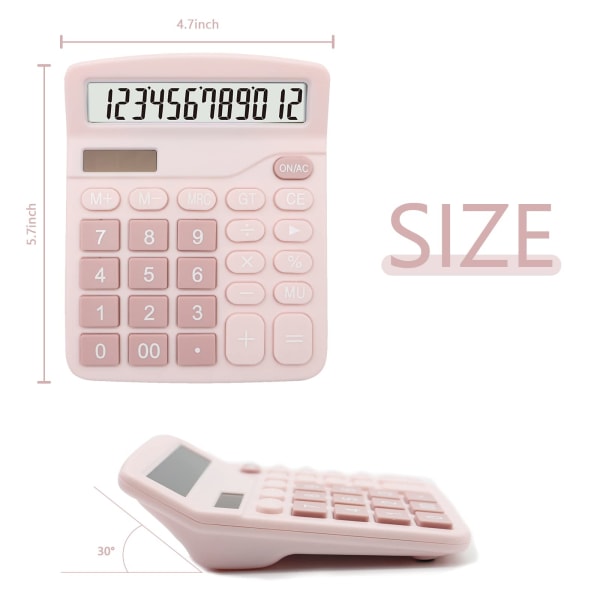 Pink lommeregner, skrivebordslommeregner 12 cifre med stort LCD-display